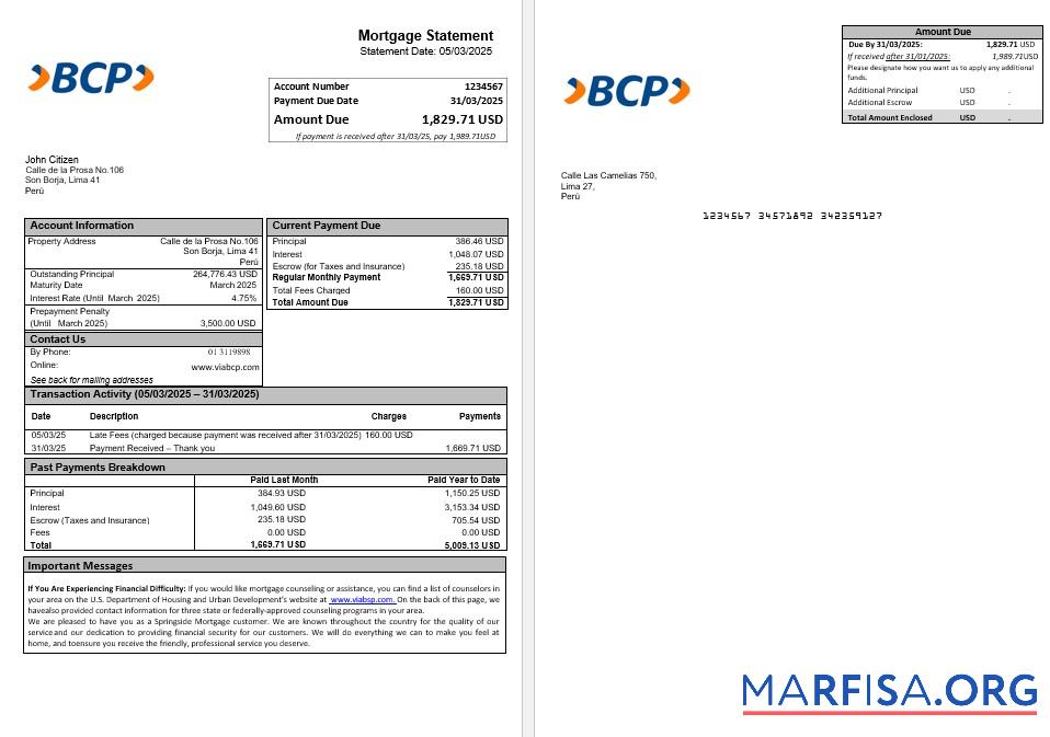 Printable Peru Banco de Credito (BCP) mortgage statement in Word and PDF formats example